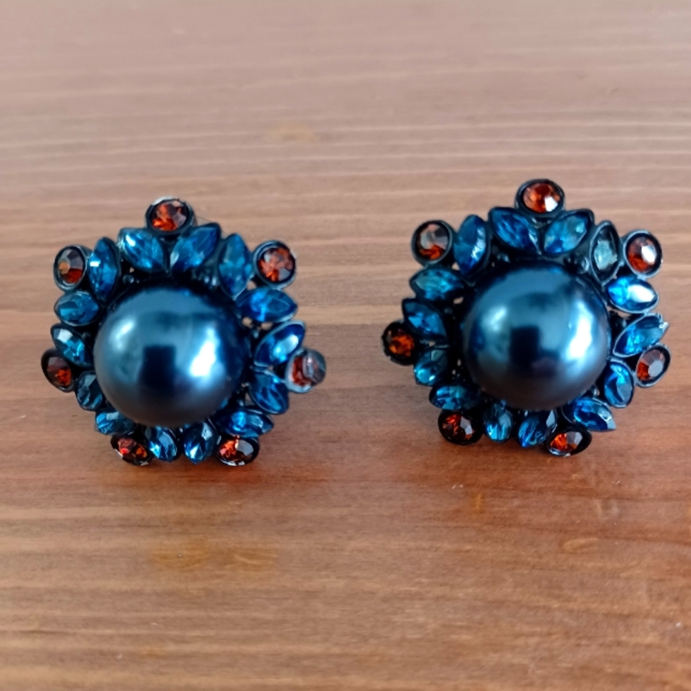 St. John Black Tone Faux Pearl Vintage Clip-on Earrings with Blue & Amber Stones